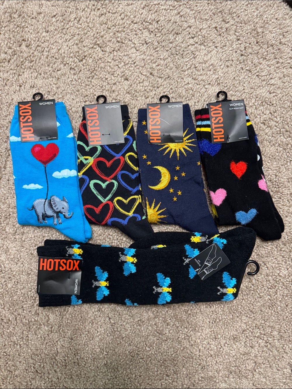 Hot Sox Women's Crew Socks - Blue, Black, Navy, Multicolor Hearts & Butterflies